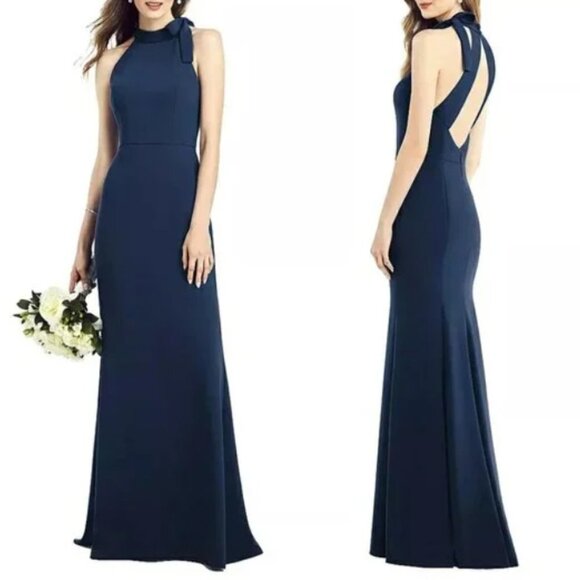 After Six Dresses & Skirts - After Six Bow Neck Open Back Trumpet Gown Midnight Navy Maxi Dress, NWT, Size 14